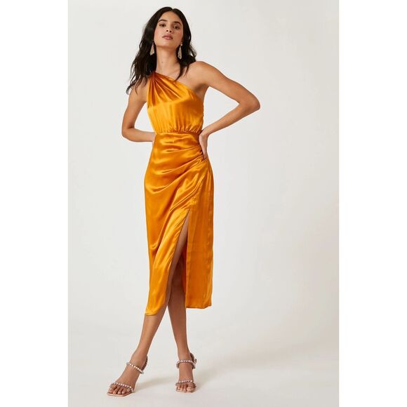Anthropologie One-Shoulder Silk Midi Dress Orange NEW Size 10